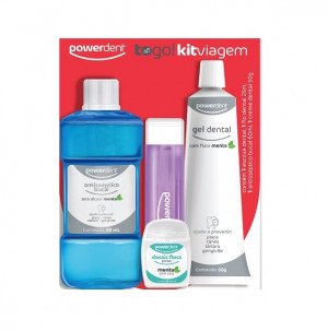 Kit Viagem Powerdent Escova+Fio+Creme Dental+Antisséptico 60ml